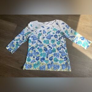 Talbots Womens Floral Top Sp Petites Cotton Blend Feminine Blue White